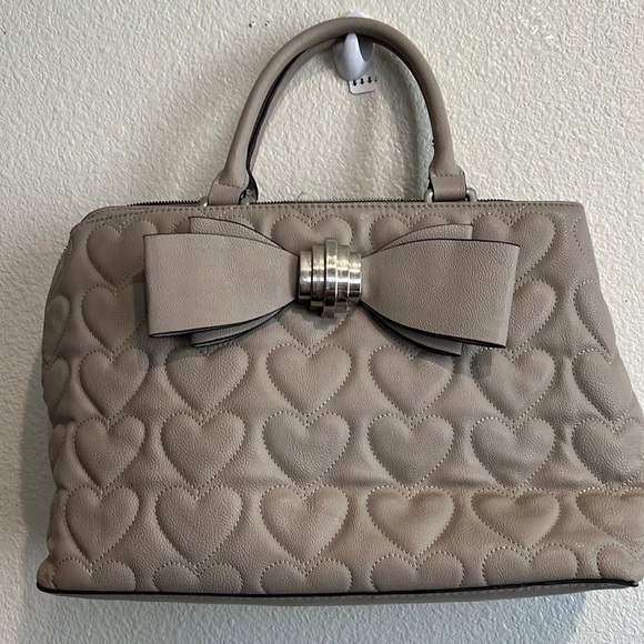 Betsey Johnson Handbags - Betsey Johnson Embroidered Heart Big Bow Beige Satchel Shoulder Purse Bag